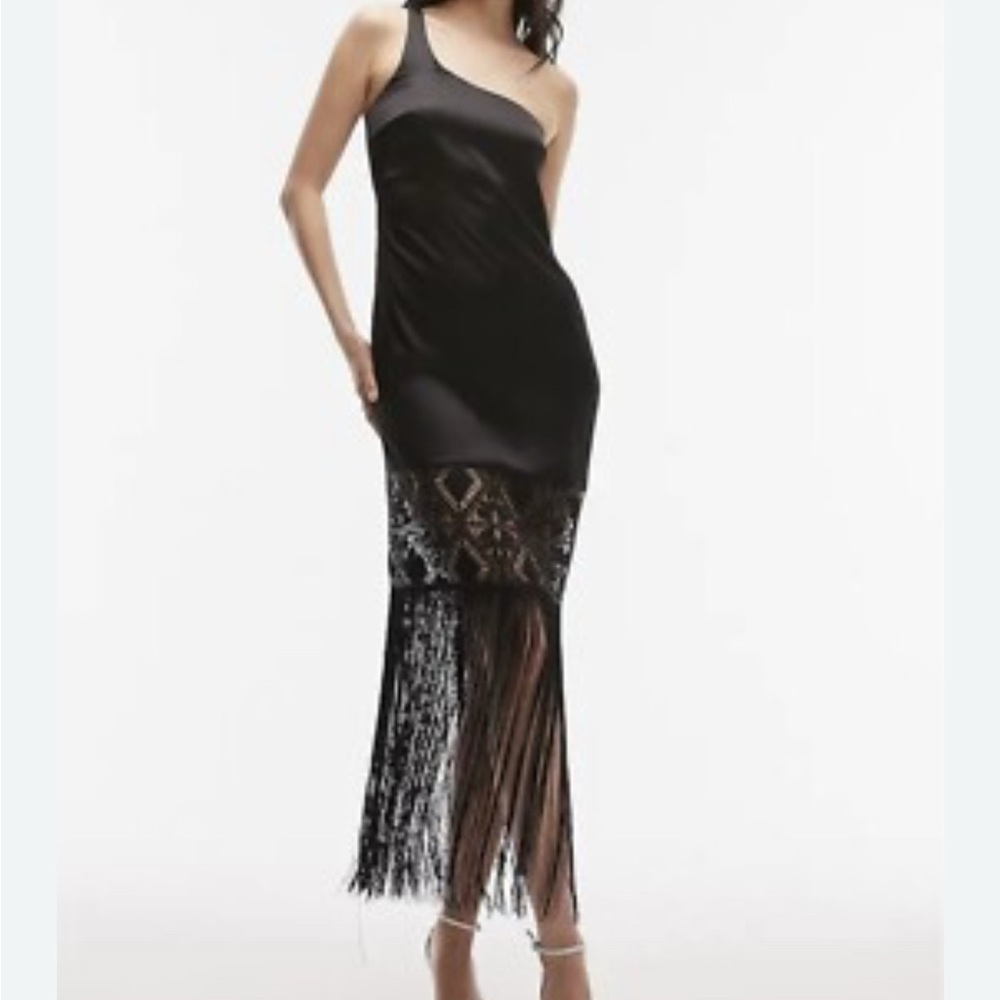 Topshop One Shoulder Black Satin
Fringe Trim Midi Dress Cocktail 🍸 size 6